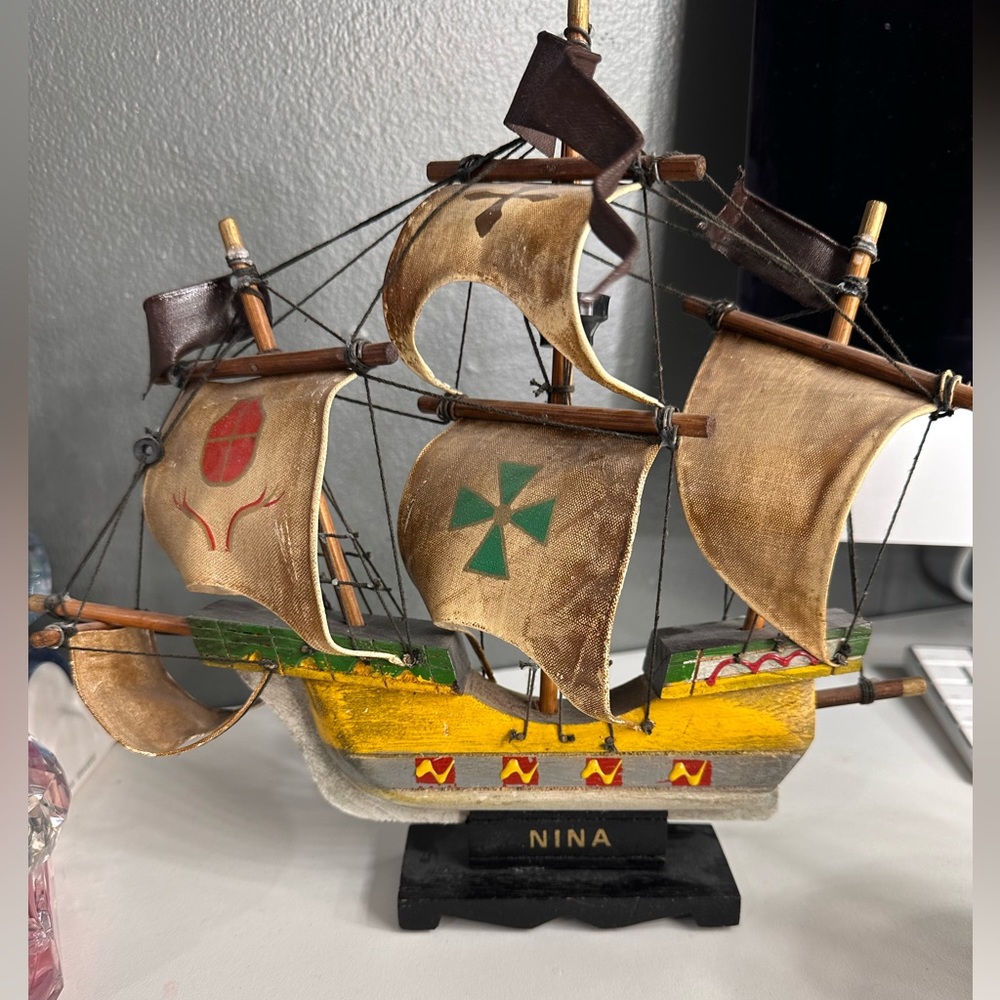 Nina, Santa Maria, and Pinta Vintage Spanish Hand Painted Wooden Sailing Ship